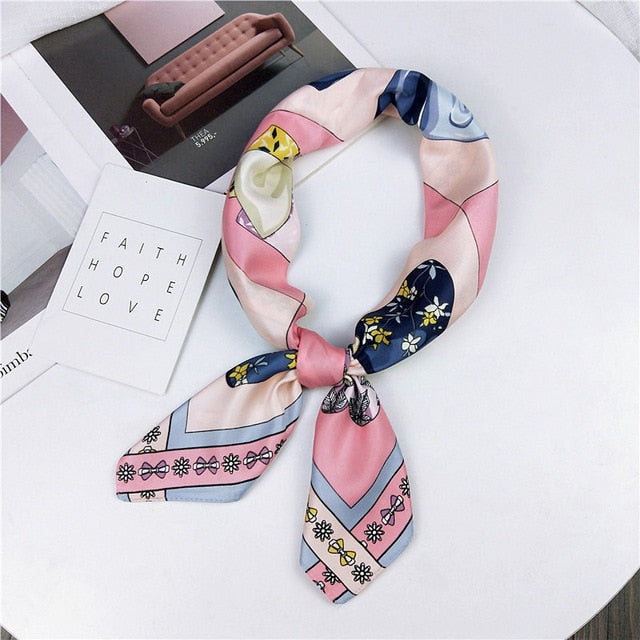 New Silk Scarf 70*70 New Fashion Bowknot Flowers Prints Women Shawl Satin Small Squares Head  Decorative Scarves