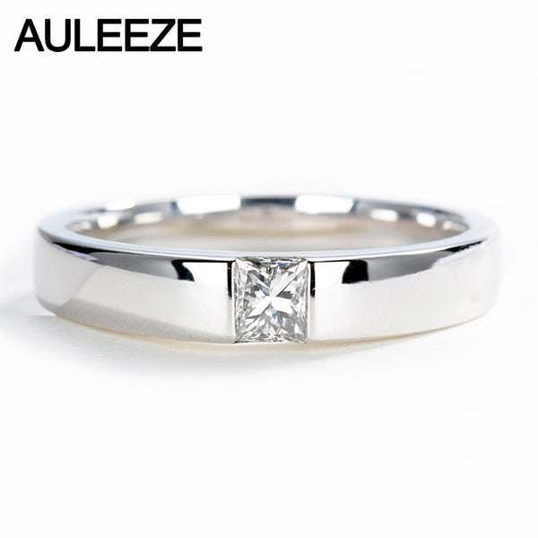 AULEEZE Classic Men Wedding Band 0.25CT Princess Cut Real Diamond Engagement Rings 18K White Gold