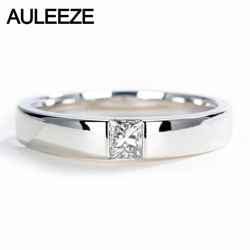 AULEEZE Classic Men Wedding Band 0.25CT Princess Cut Real Diamond Engagement Rings 18K White Gold