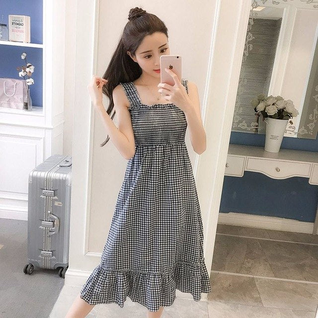 Casual Summer Plaid Dress Women Summer Female Cute Elegant Dresses 2019 Sleeveless Sexy Kawaii Girl Dress Vestidos Beach Dress