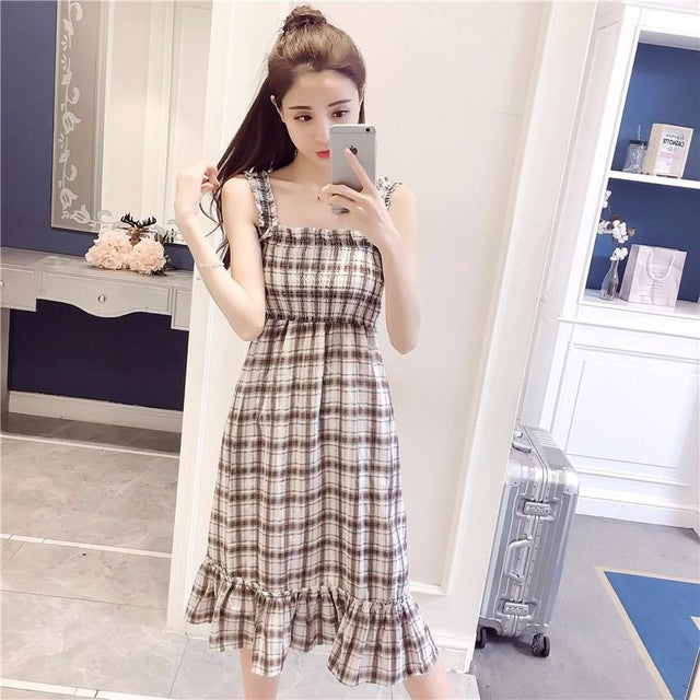 Casual Summer Plaid Dress Women Summer Female Cute Elegant Dresses 2019 Sleeveless Sexy Kawaii Girl Dress Vestidos Beach Dress