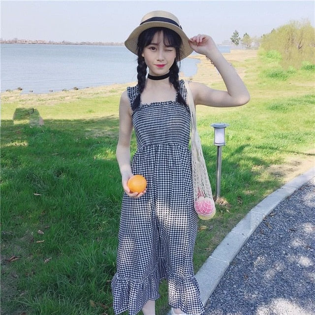 Casual Summer Plaid Dress Women Summer Female Cute Elegant Dresses 2019 Sleeveless Sexy Kawaii Girl Dress Vestidos Beach Dress