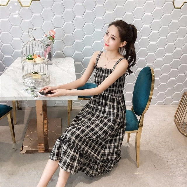 Casual Summer Plaid Dress Women Summer Female Cute Elegant Dresses 2019 Sleeveless Sexy Kawaii Girl Dress Vestidos Beach Dress