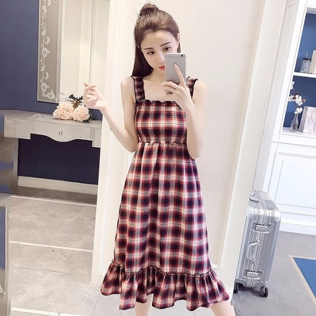 Casual Summer Plaid Dress Women Summer Female Cute Elegant Dresses 2019 Sleeveless Sexy Kawaii Girl Dress Vestidos Beach Dress
