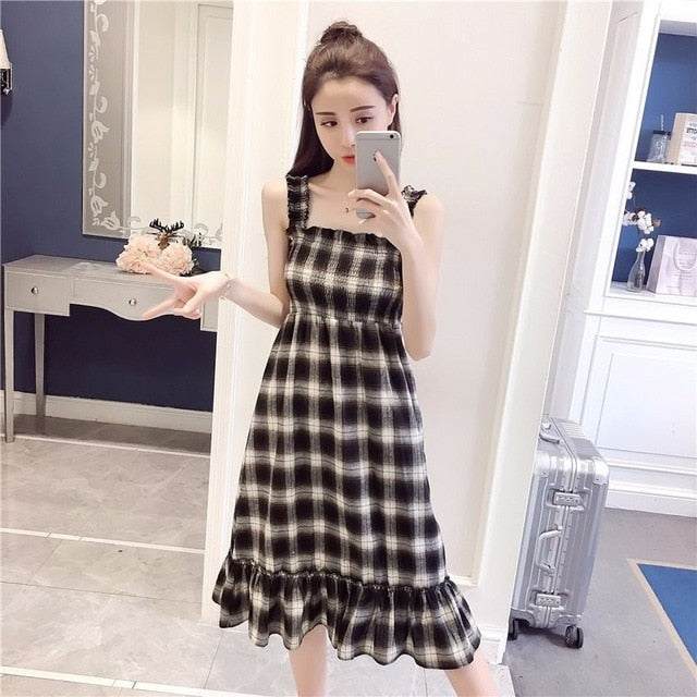Casual Summer Plaid Dress Women Summer Female Cute Elegant Dresses 2019 Sleeveless Sexy Kawaii Girl Dress Vestidos Beach Dress