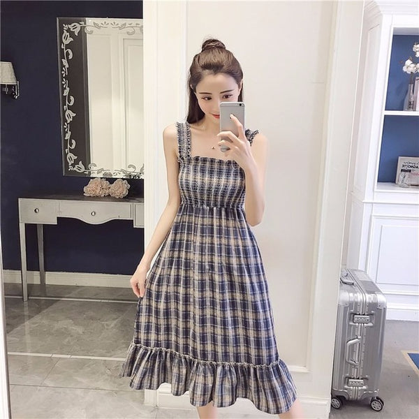 Casual Summer Plaid Dress Women Summer Female Cute Elegant Dresses 2019 Sleeveless Sexy Kawaii Girl Dress Vestidos Beach Dress