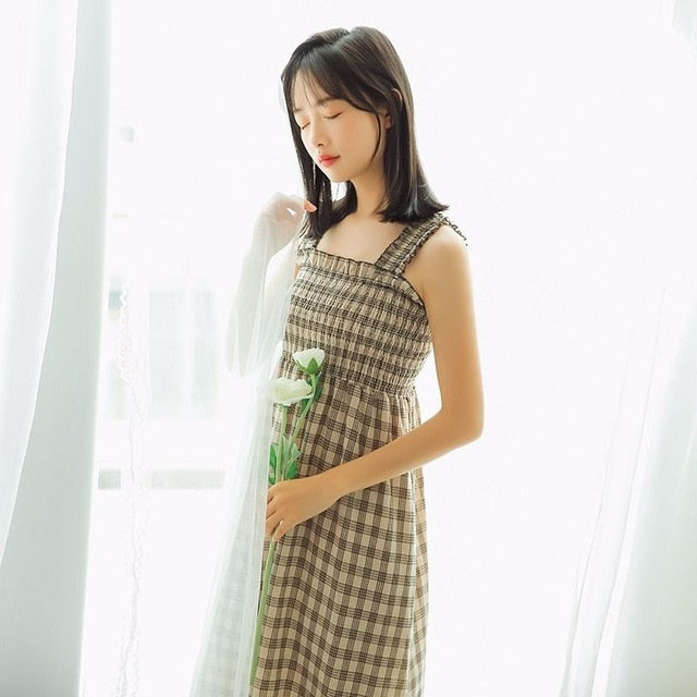 Casual Summer Plaid Dress Women Summer Female Cute Elegant Dresses 2019 Sleeveless Sexy Kawaii Girl Dress Vestidos Beach Dress