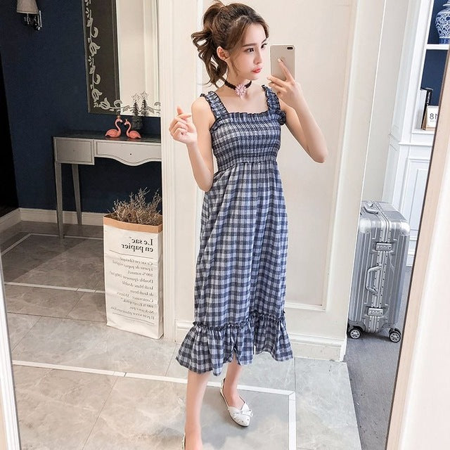 Casual Summer Plaid Dress Women Summer Female Cute Elegant Dresses 2019 Sleeveless Sexy Kawaii Girl Dress Vestidos Beach Dress