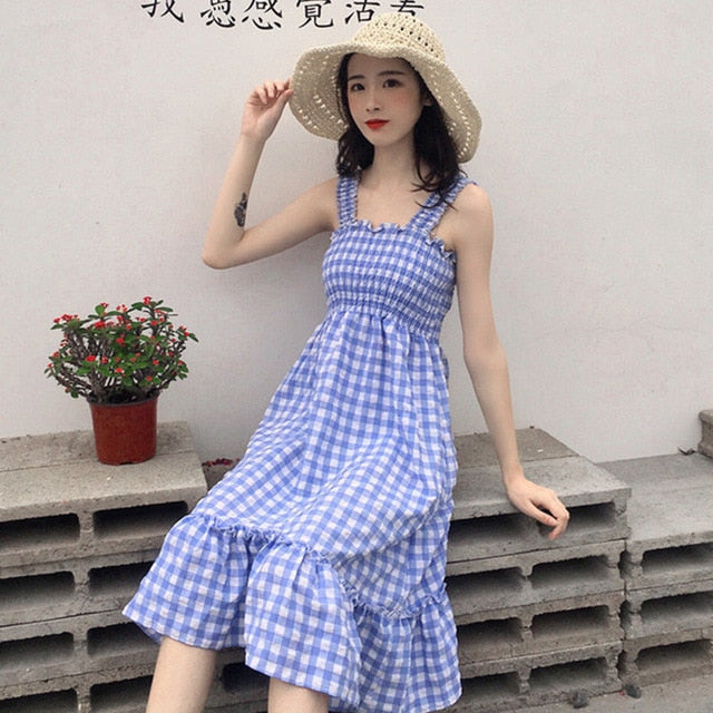 Casual Summer Plaid Dress Women Summer Female Cute Elegant Dresses 2019 Sleeveless Sexy Kawaii Girl Dress Vestidos Beach Dress