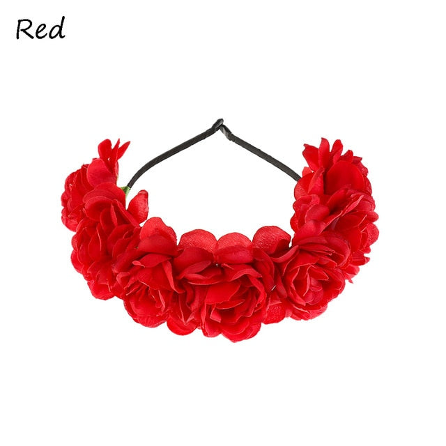 Fashion Women Bride Flowers Headband Mexican Style Rose Flower Crown Hairband Ladies Elastic Beach Hair Accessories