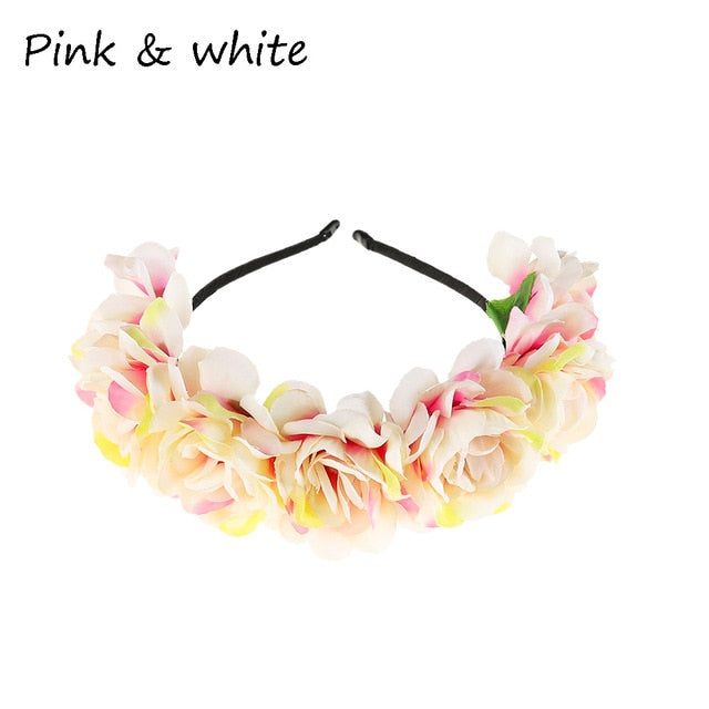 Fashion Women Bride Flowers Headband Mexican Style Rose Flower Crown Hairband Ladies Elastic Beach Hair Accessories