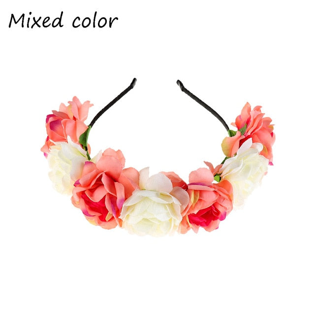 Fashion Women Bride Flowers Headband Mexican Style Rose Flower Crown Hairband Ladies Elastic Beach Hair Accessories