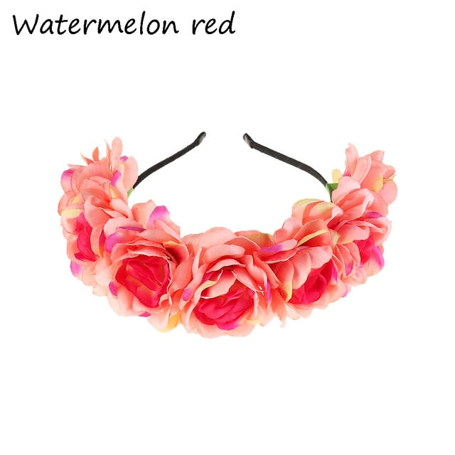 Fashion Women Bride Flowers Headband Mexican Style Rose Flower Crown Hairband Ladies Elastic Beach Hair Accessories