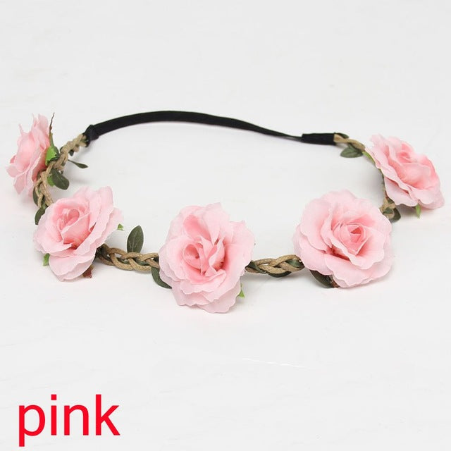 Fashion Women Bride Flowers Headband Mexican Style Rose Flower Crown Hairband Ladies Elastic Beach Hair Accessories